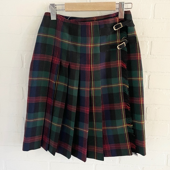 Vintage Plaid Wool Mini Skirt Tartan Wrap Fringe Drop waist Pleated Academia 6 - Picture 2 of 7